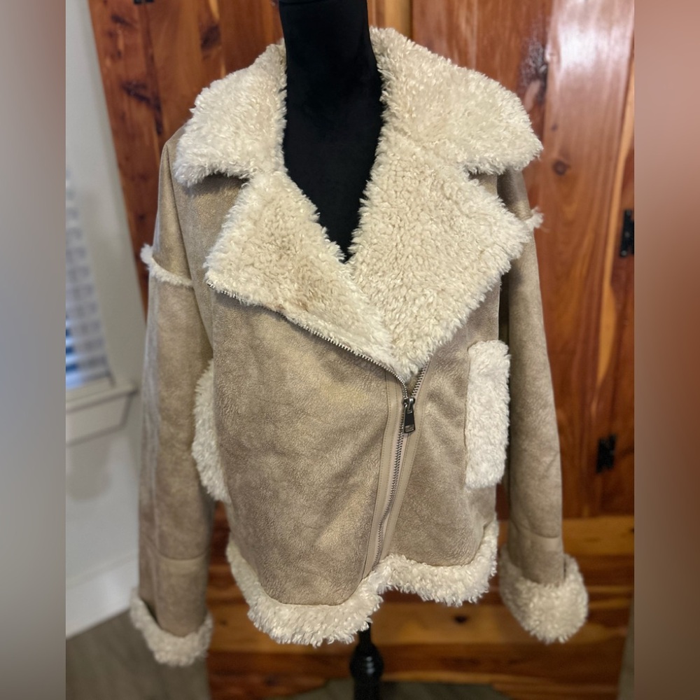 NVLT Beige and White Teddy Jacket by Anthropologie Moto Faux Suede